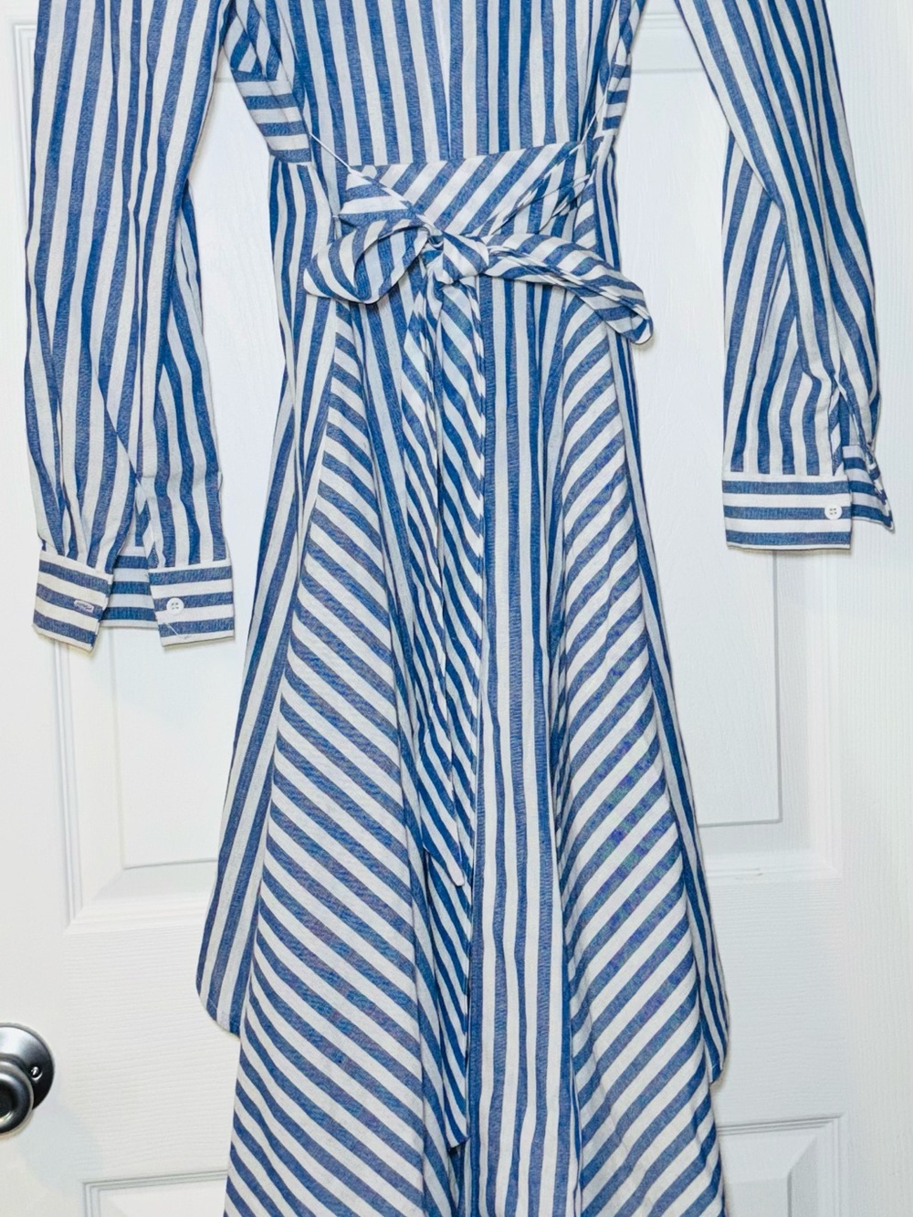 Blue and White Striped Women's Tie-Waist Dress